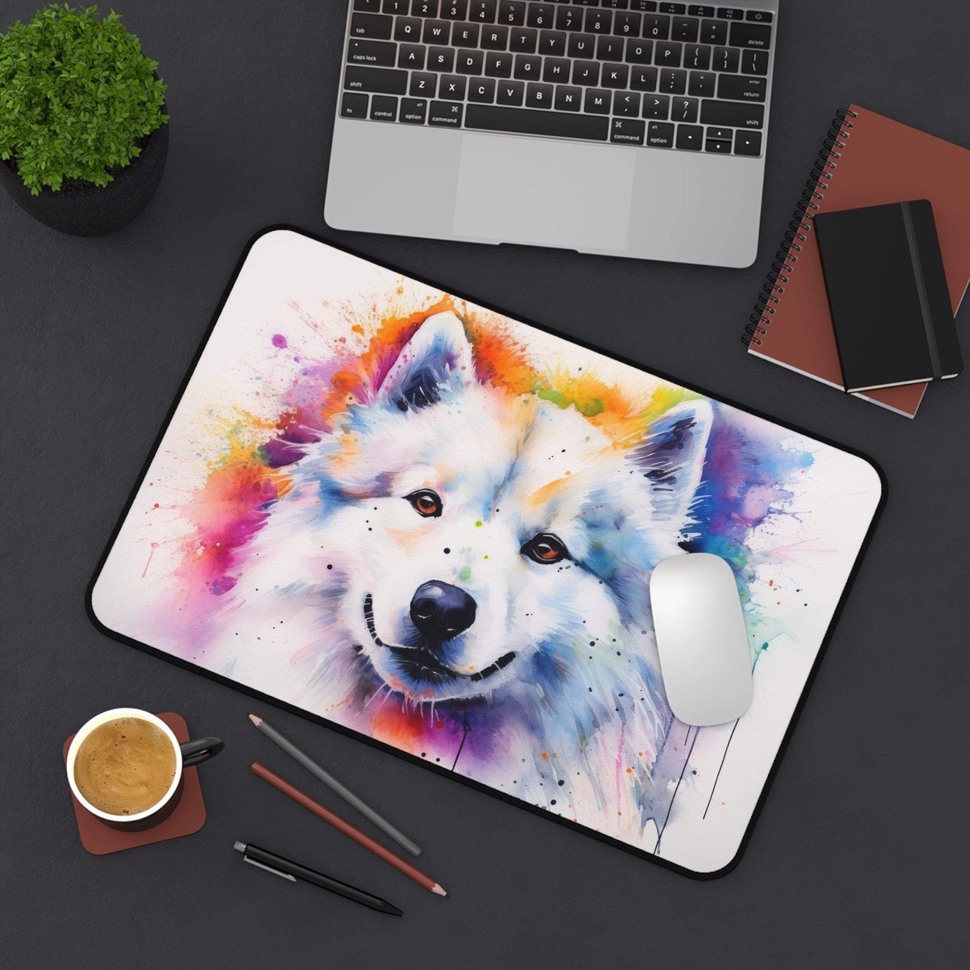 "Adorable Samoyed Pup Desk Mat - protect your workspace with fluffy charm"