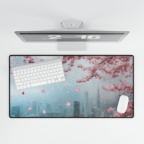 Cherry Blossoms Raining over City Skyline — XL & XXL Desk Mat — Product Detail View 5