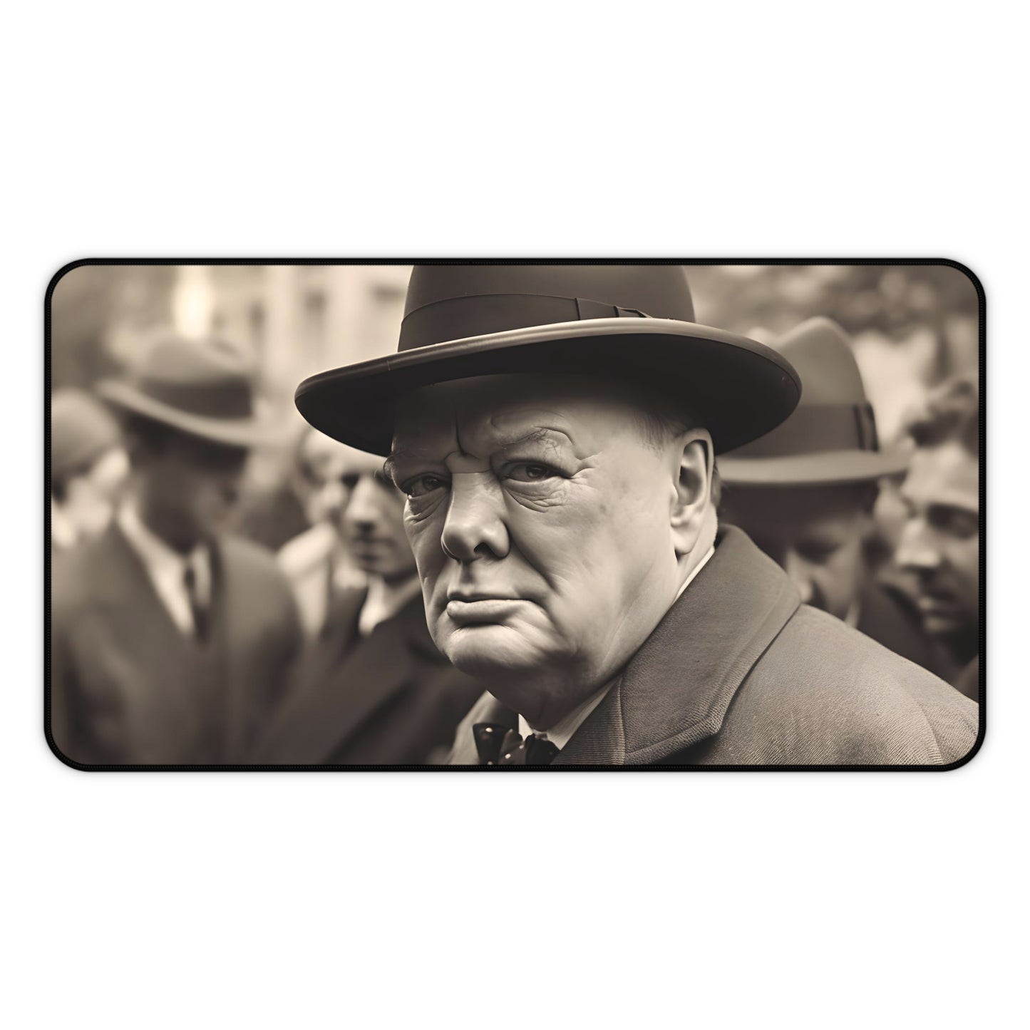 "Churchill's War Room Desk Mat - Transport to WWII London with iconic leader image, perfect for history buffs"