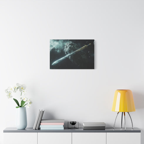 Epic Sword Embedded in Asteroid — Canvas Wall Art — Kiln-Dried Pine Frame & Ready-to-Hang Back View