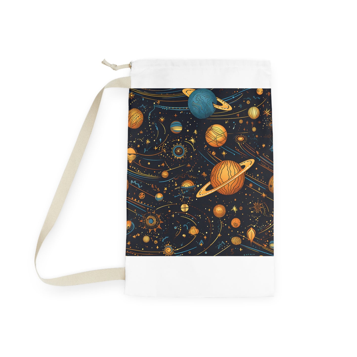 "Starry Night Laundry Bag for celestial-themed laundry days, enchanting stars and moons design"