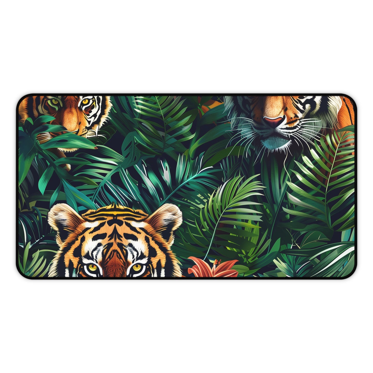 "Tiger Jungle Desk Mat - Transform Your Workspace with Majestic Tigers and Lush Green Foliage"