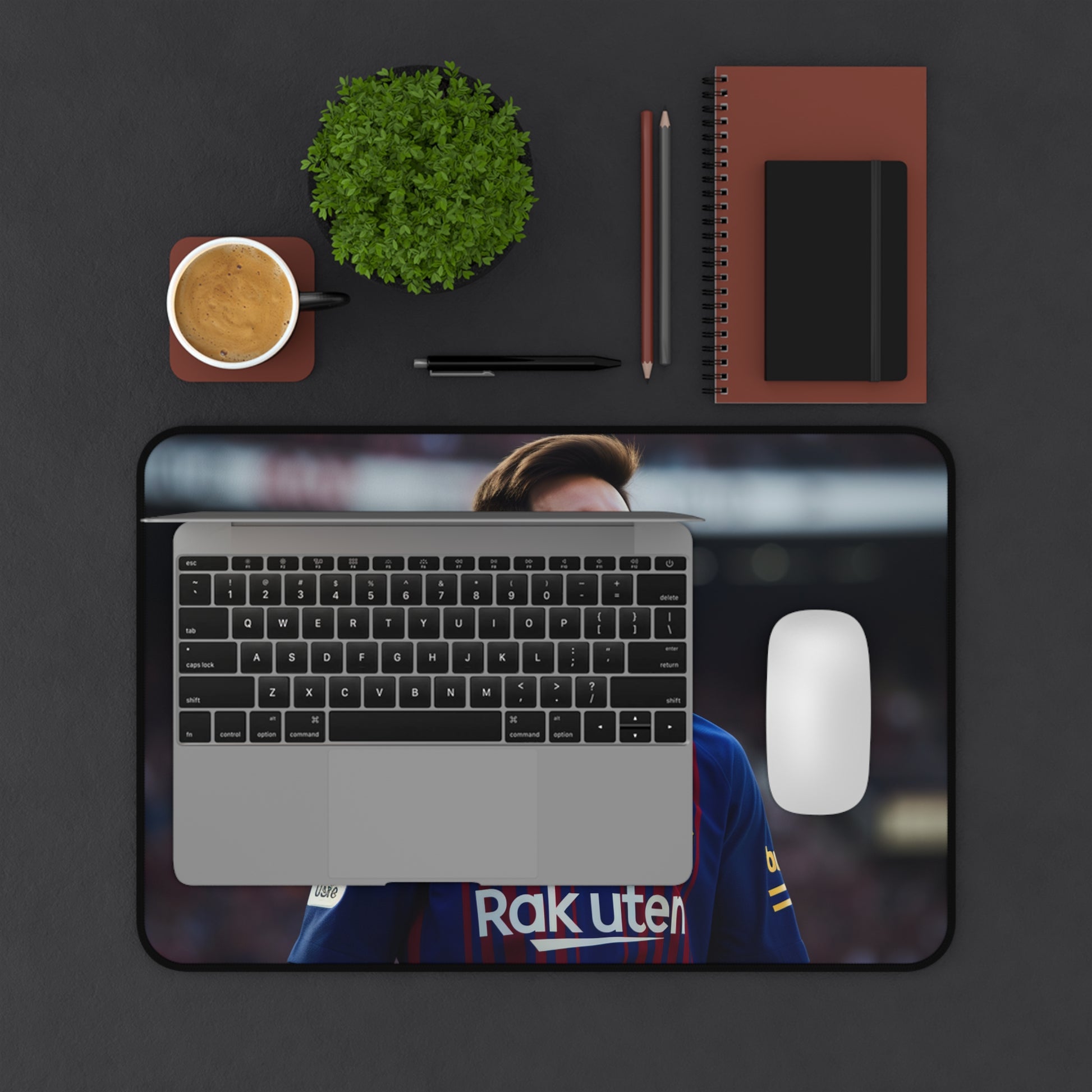 "Messi Desk Mat 2: Elevate workspace with sleek design inspired by legendary footballer"