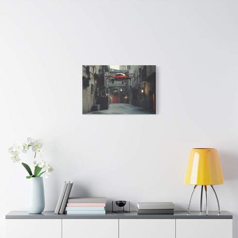Cyberpunk Alleyway with Flying Cars — Canvas Wall Art — Kiln-Dried Pine Frame & Ready-to-Hang Back View