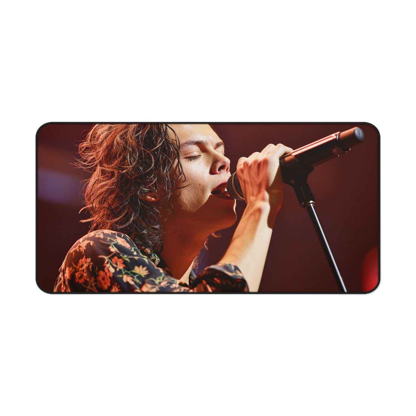 "Harry Styles singing desk mat, vibrant illustration of him on stage, energize workspace with music wave"