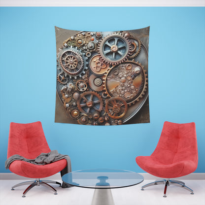 Steampunk Symphony: A Tapestry of Gears and Cogs | Wall Tapestry | All Over Print, AOP, Decor, Halloween, Home & Living, Home Decor, Indoor, Spring Essentials, Sublimation, Tapestry | Prints with Passion