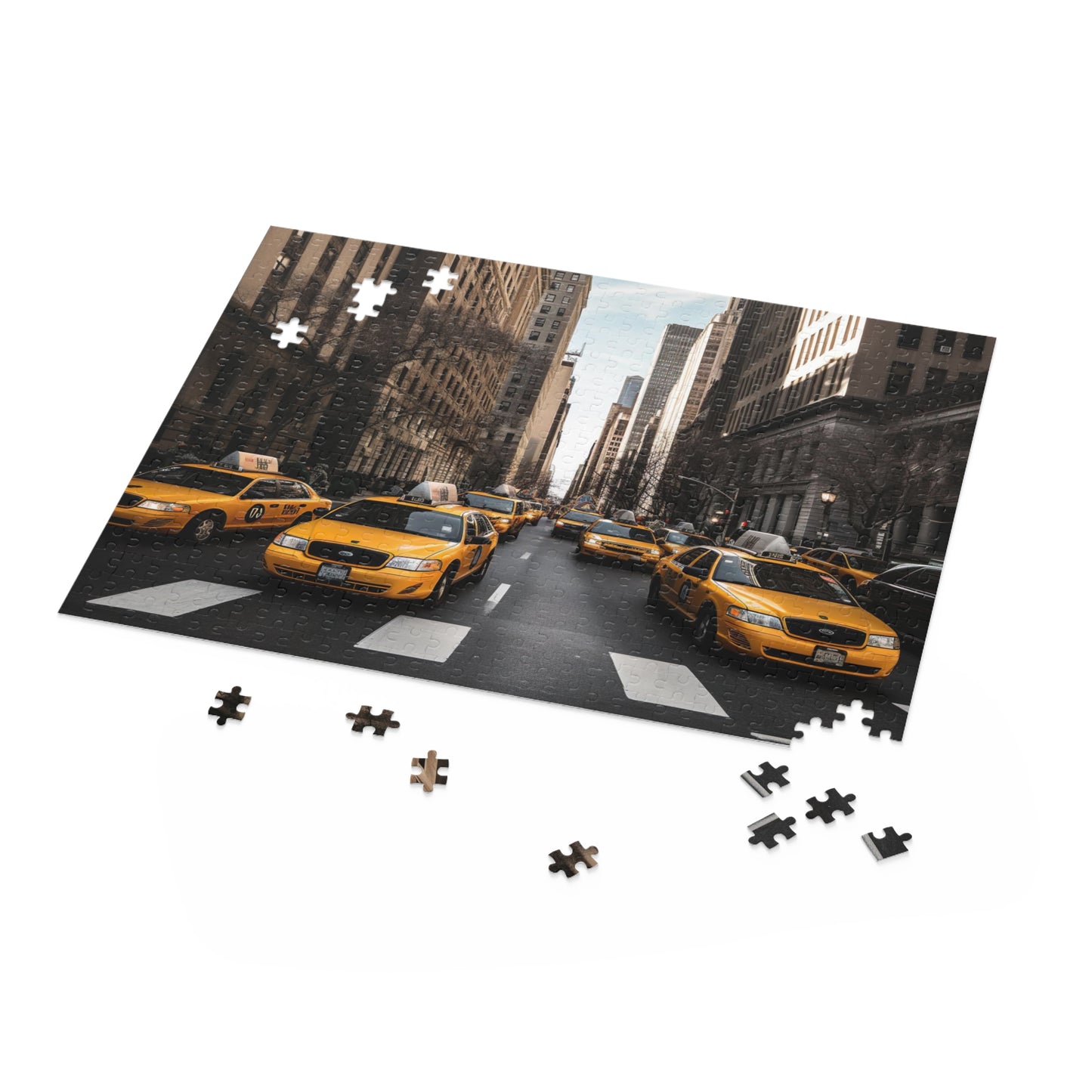 "NYC Cab Chaos Puzzle - Vibrant jigsaw of yellow cabs in bustling New York City streets"