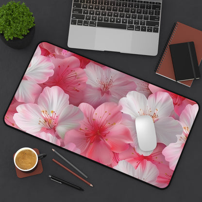 "Cherry Blossom Desk Mat: Beautiful pink and white seamless pattern, elegant workspace upgrade"