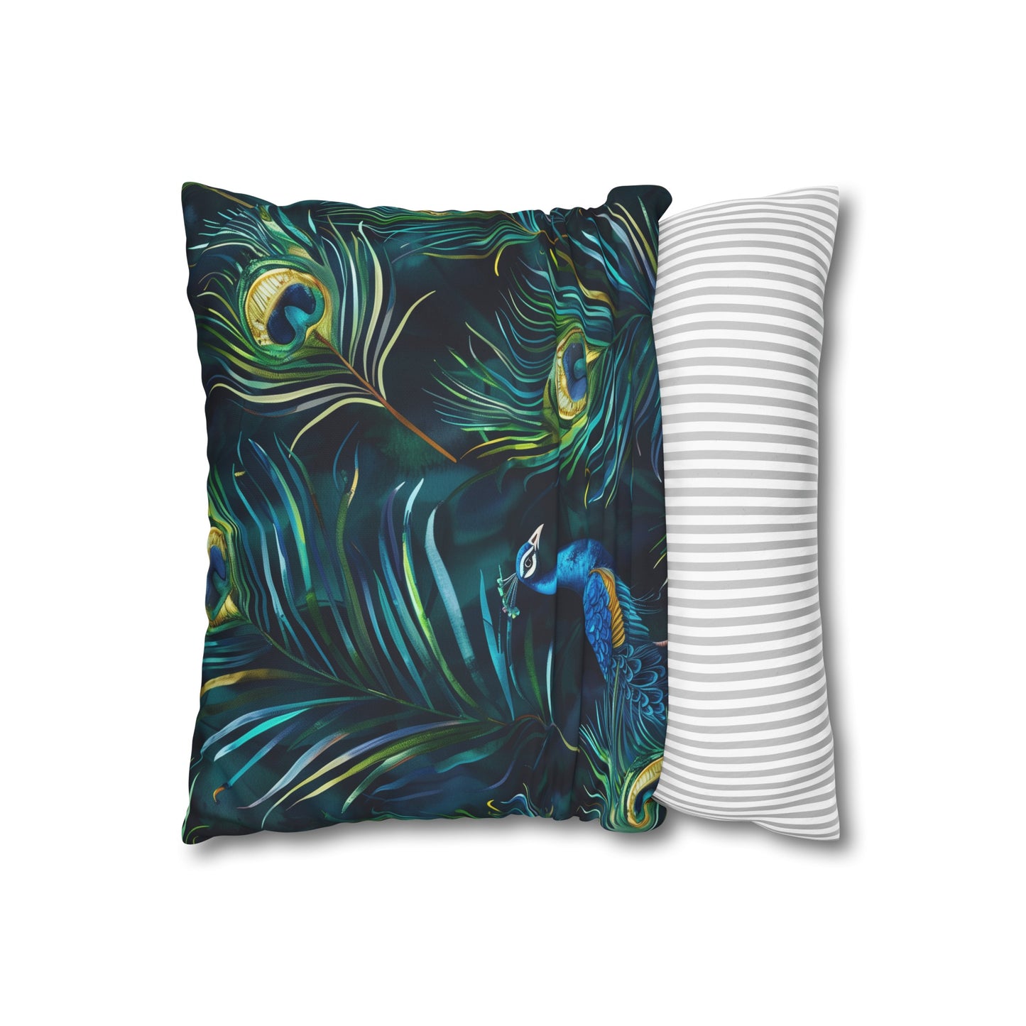 "Vibrant blue peacock feather pillowcase, luxurious oasis for elegant bedroom decor."