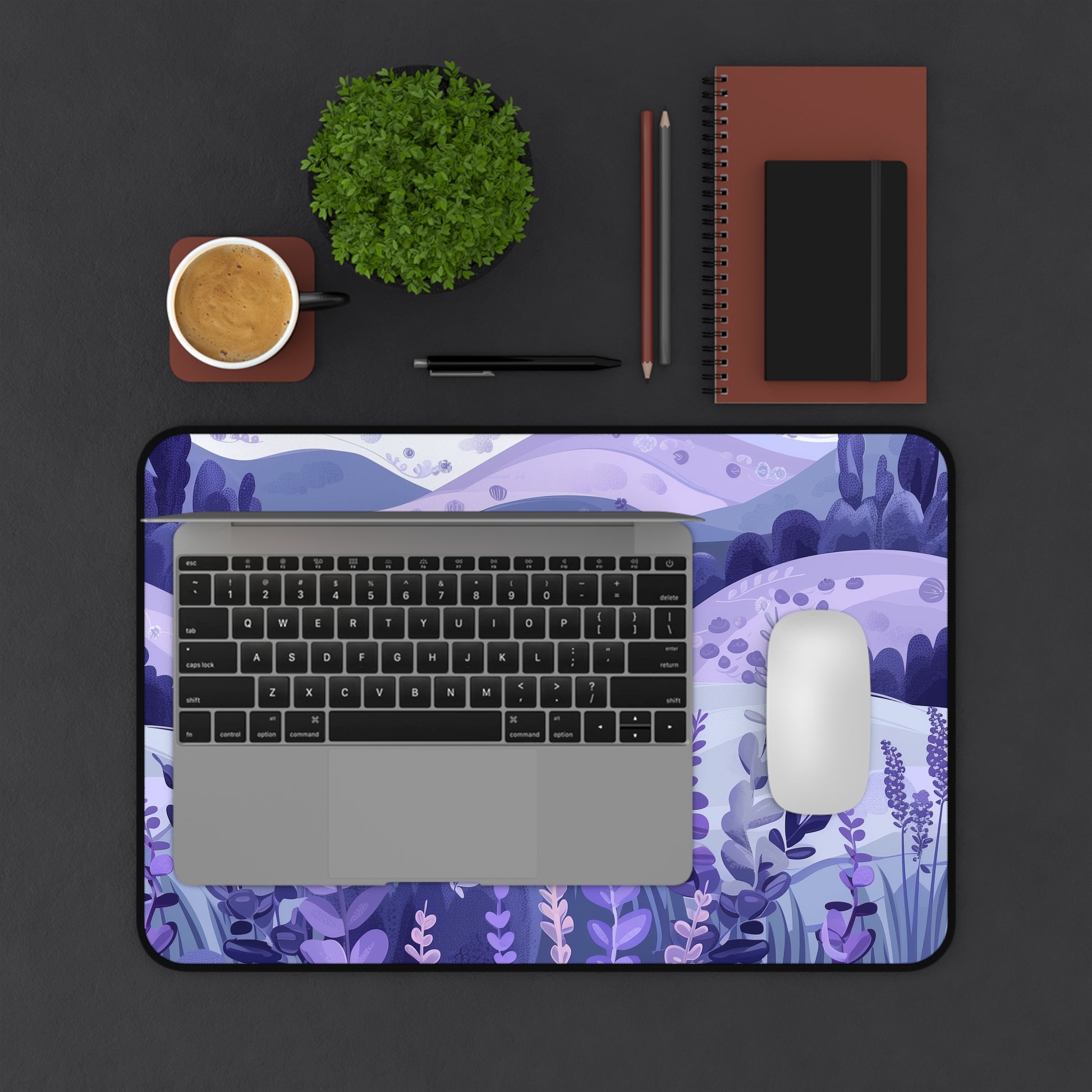 "Seamless Lavender Fields Desk Mat - Beautiful floral pattern for serene workspace"