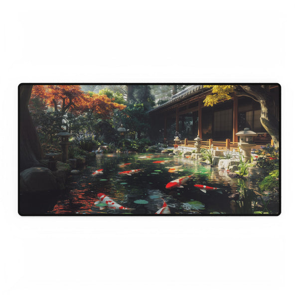 Holographic Koi Pond in a Zen Temple — XL & XXL Desk Mat — Full Top-Down Artwork View