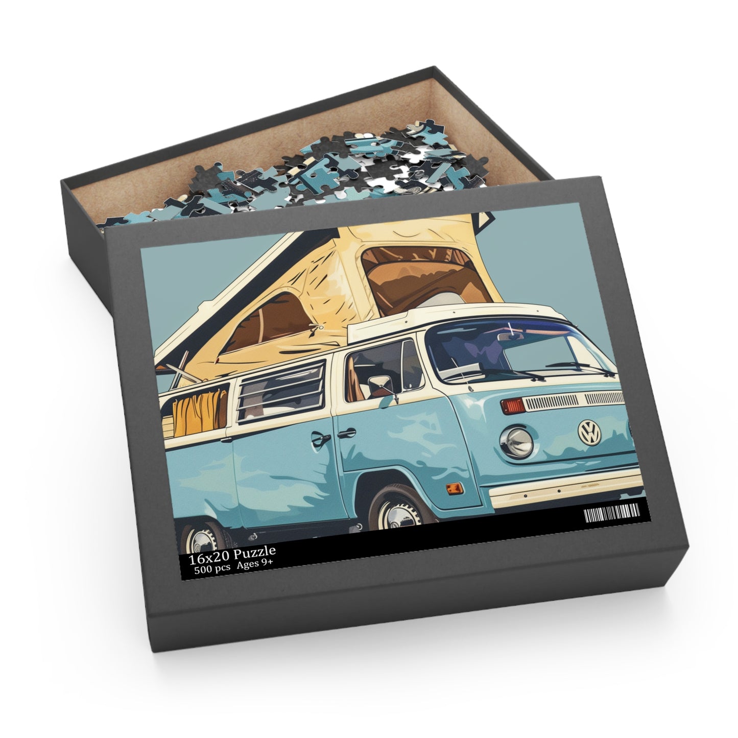 "Charming light blue camper van jigsaw puzzle for nostalgic adventure seekers"