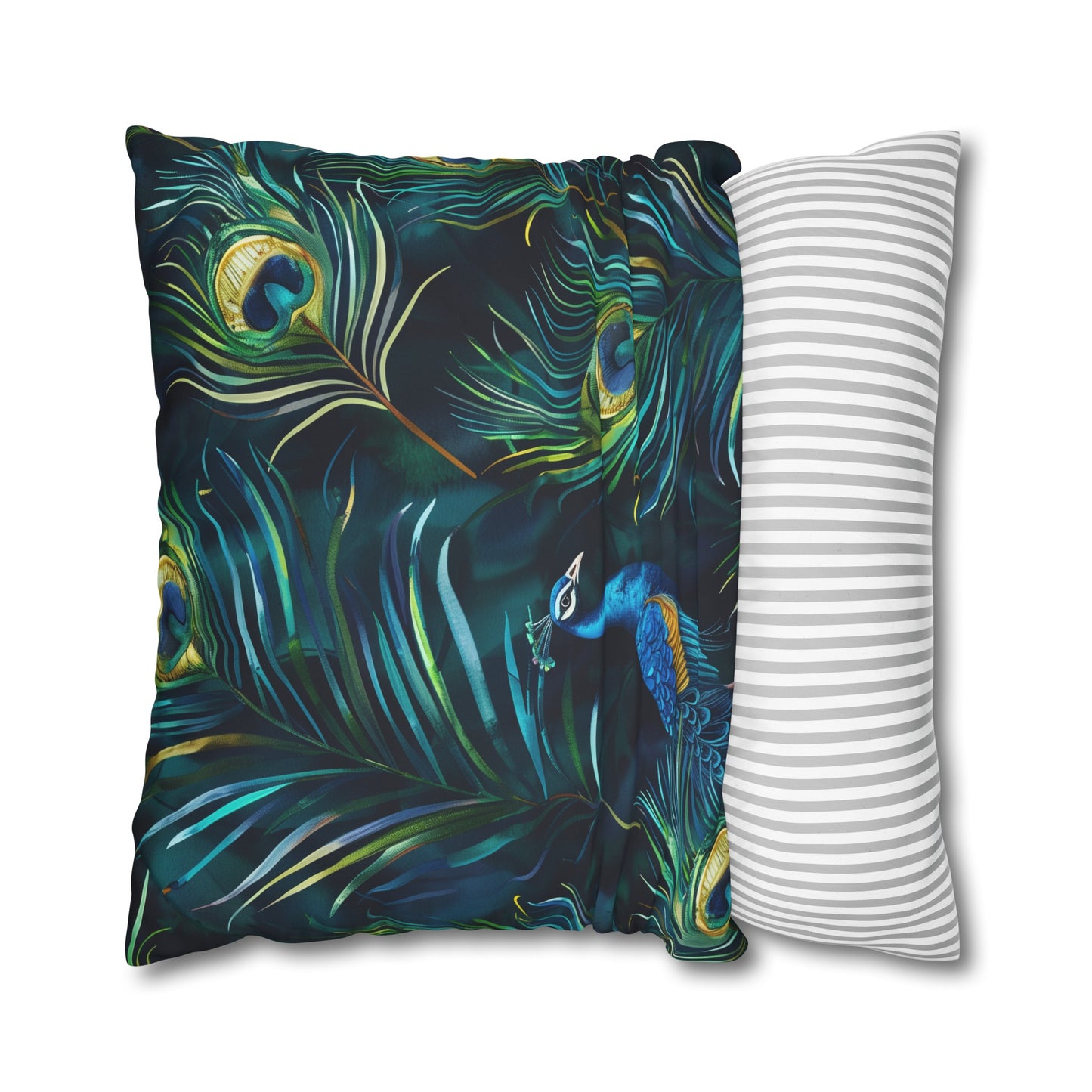 "Vibrant blue peacock feather pillowcase for luxurious oasis bedroom decor"