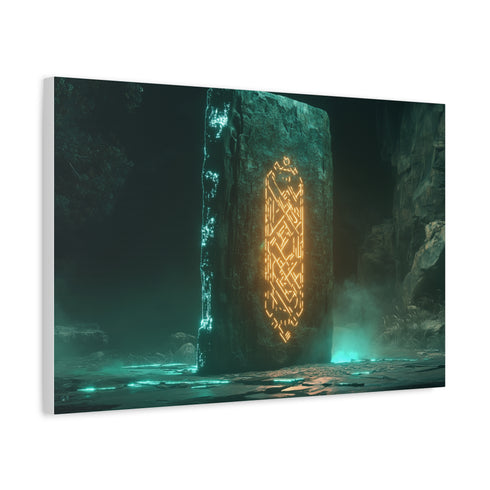Monolith Glowing with Sacred Runes — Canvas Wall Art — Side Profile & Stretched Corner Detail