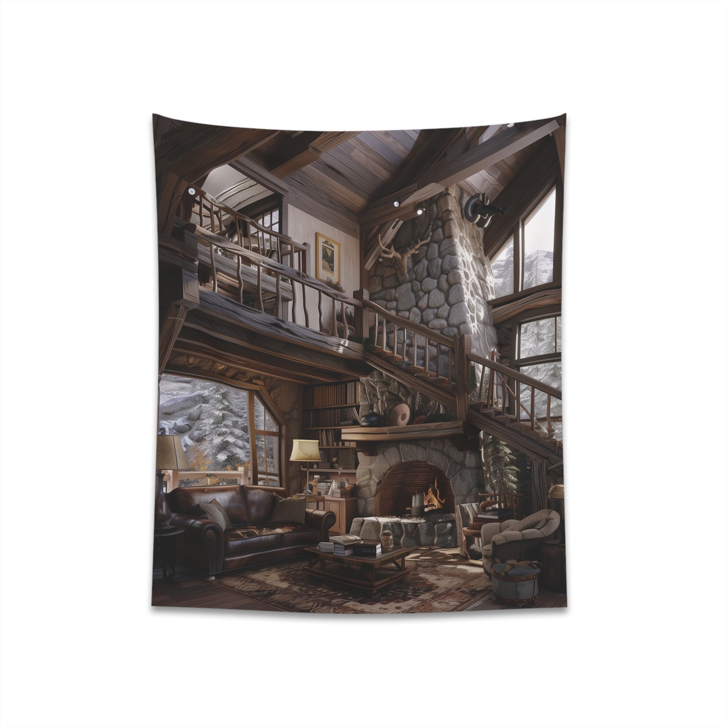 "Rustic Tapestry: Cozy Cabin in the Woods Wall Hanging - Perfect Gift for Nature Lovers - Available in 34"x40" and 57"x57" Sizes"