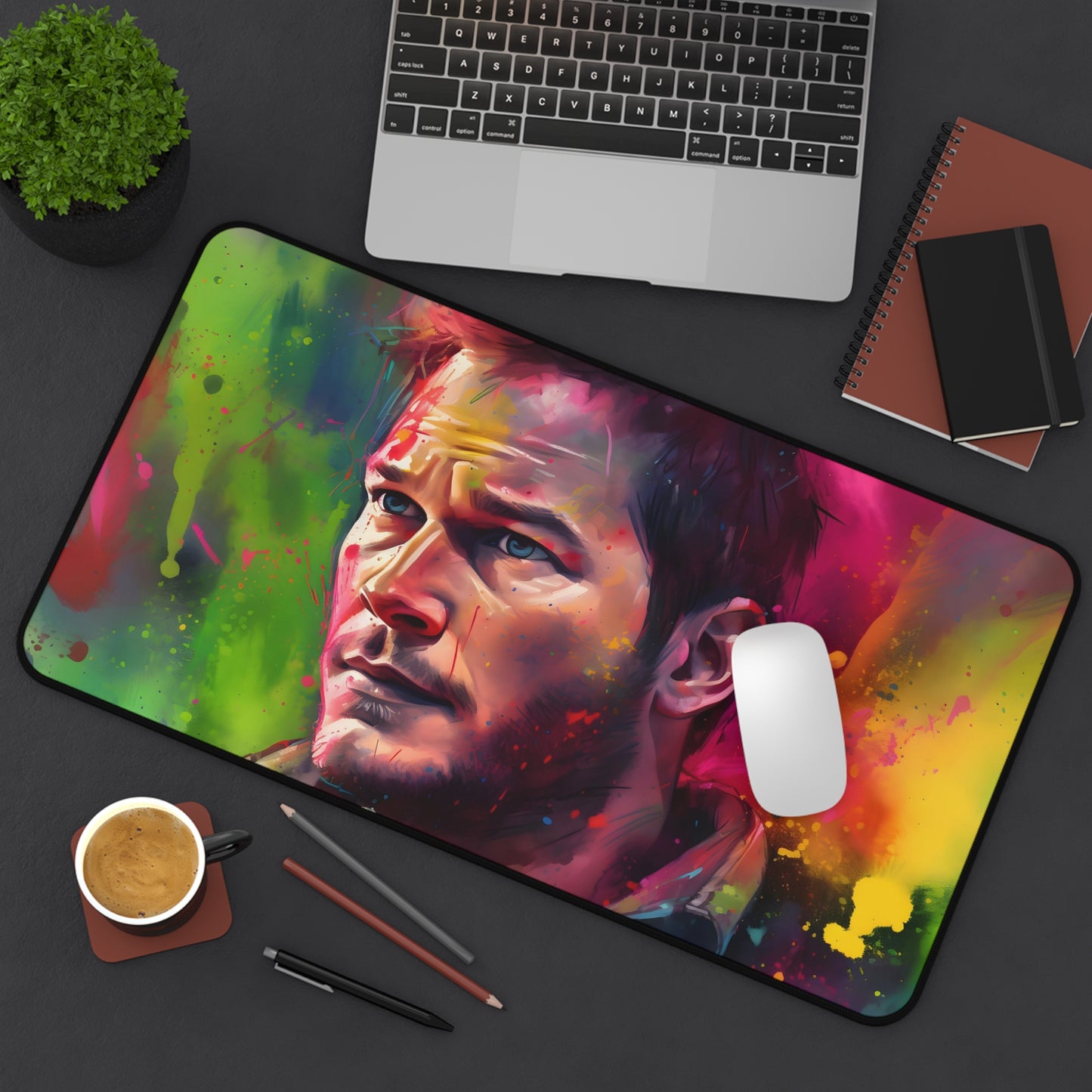 Neon Chris Pratt Desk Mat - Vibrant watercolor design to brighten your workspace with personality