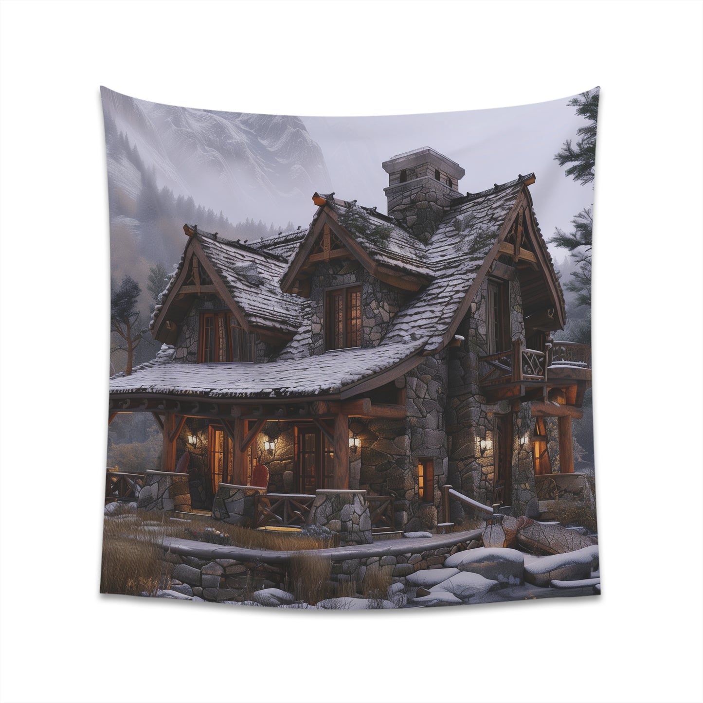 "Rustic Cabin Tapestry: Cozy Mountain Retreat Decor - High-Quality & Stylish - Great Gift - 34"x40" or 57"x57" Sizes - Shop Now!"