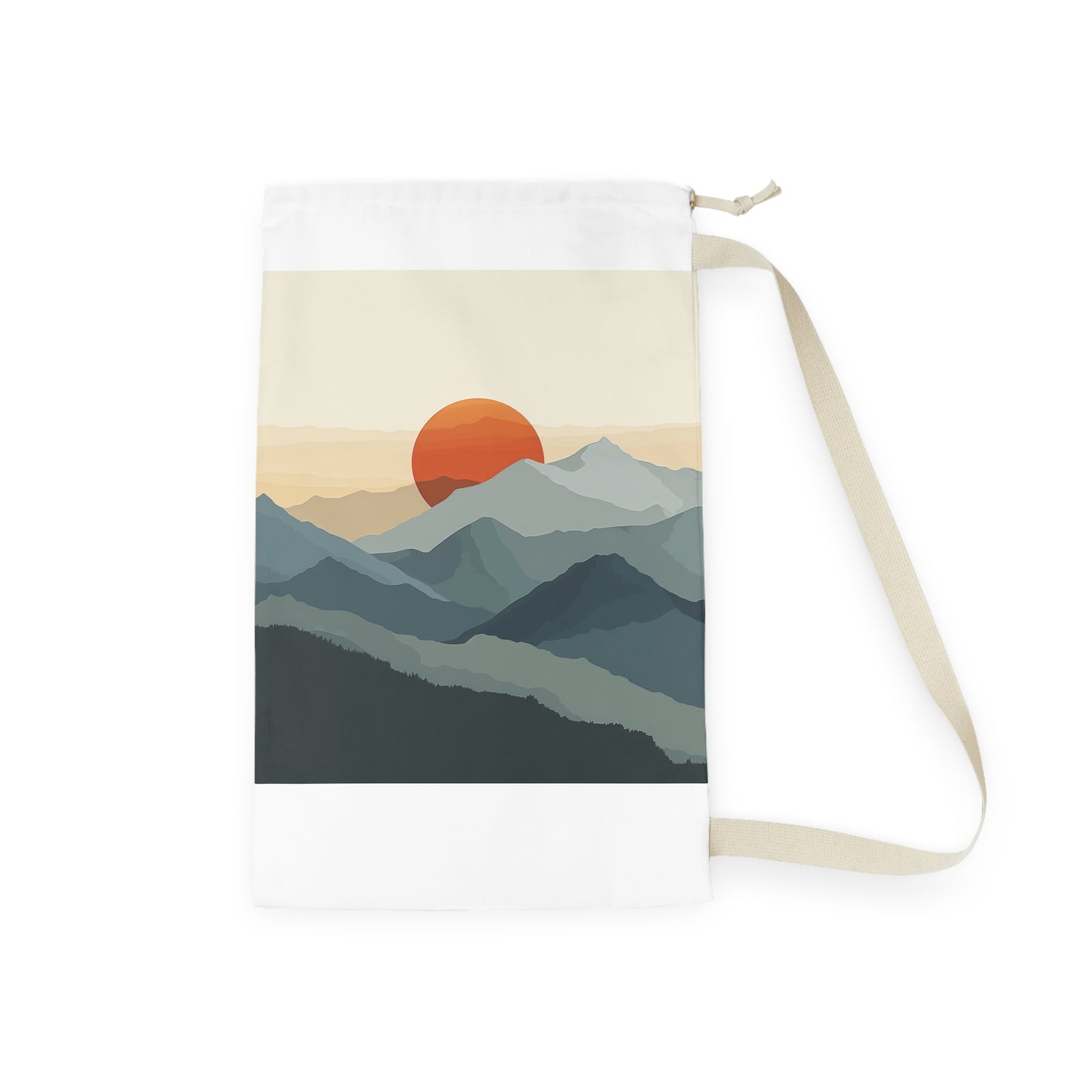 "Sunrise Mountain Laundry Bag - Minimalist mountain range design with rising sun, stylish and organized laundry storage"