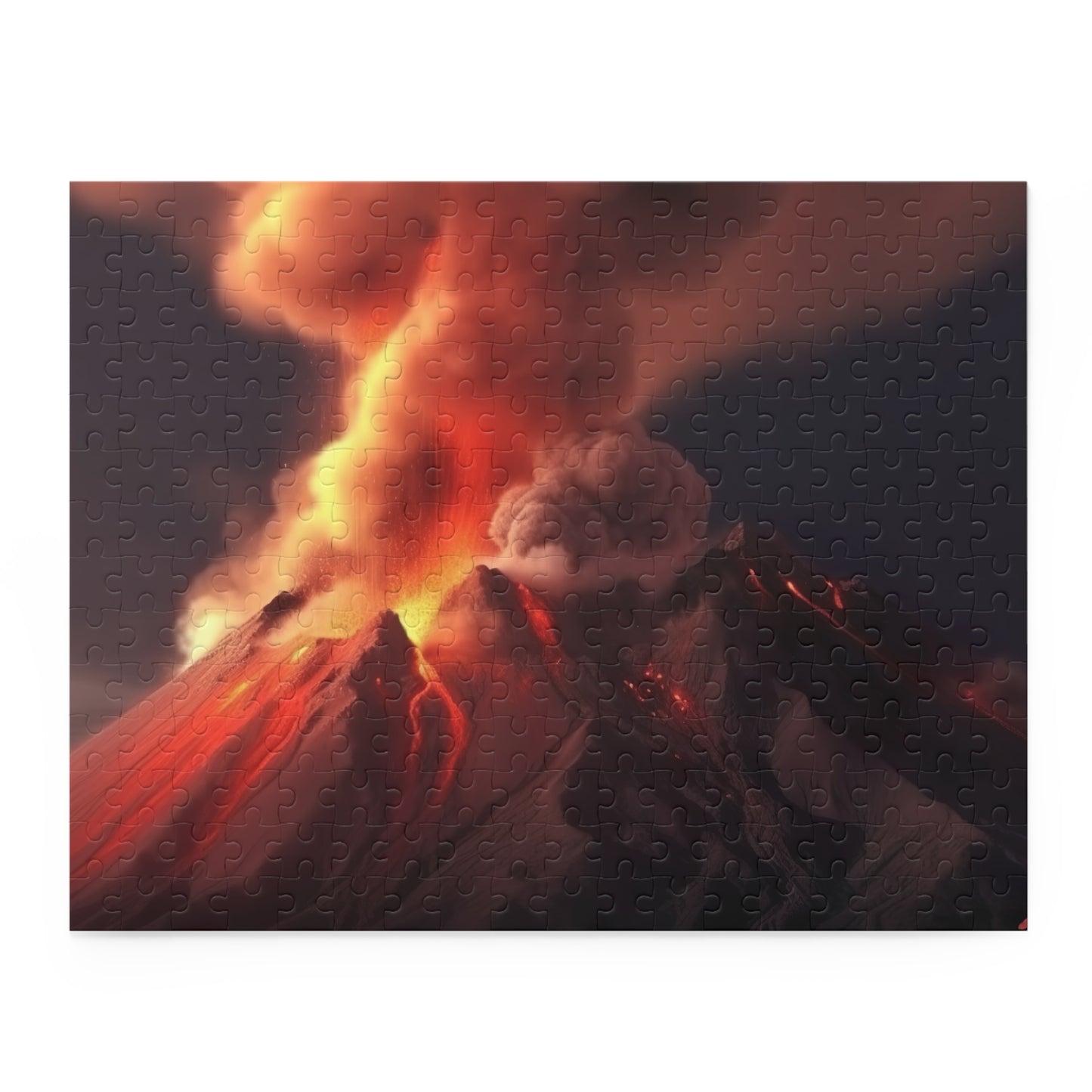 "Fiery Volcano Jigsaw Puzzle - Mesmerizing image of erupting volcano against vibrant sunset backdrop"