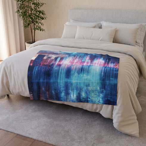 Digital Waterfall Cascading Across Skyline — Plush Fleece Throw Blanket — Product Detail View 6