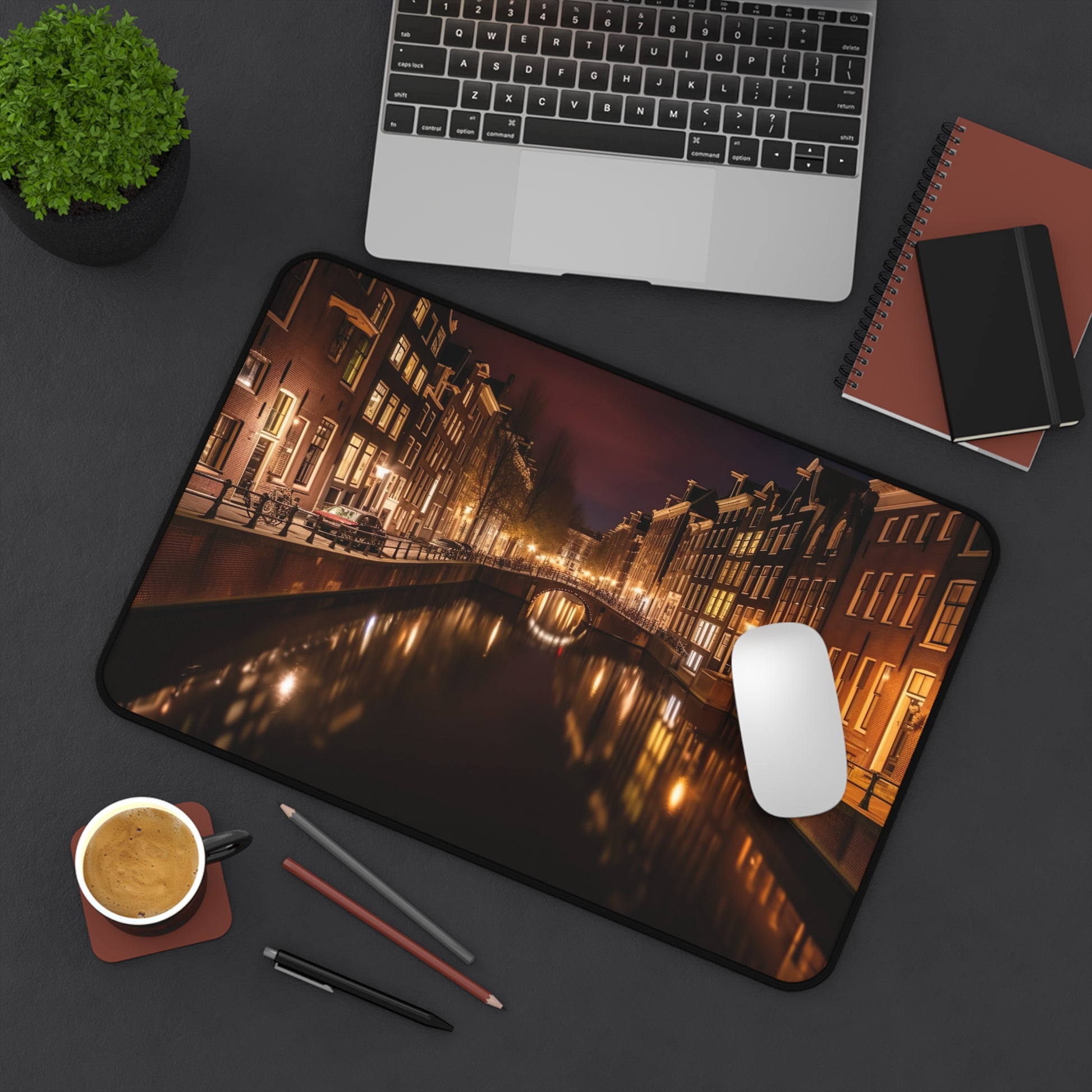 "Amsterdam Canals Night Desk Mat - Enhance Creativity with Iconic Cityscape Design"