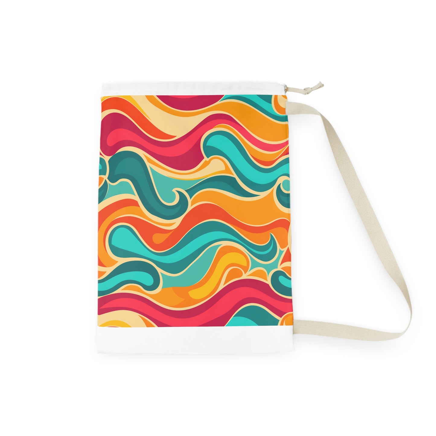 "Retro Waves laundry bag featuring vibrant colors and seamless pattern for stylish laundry transport"