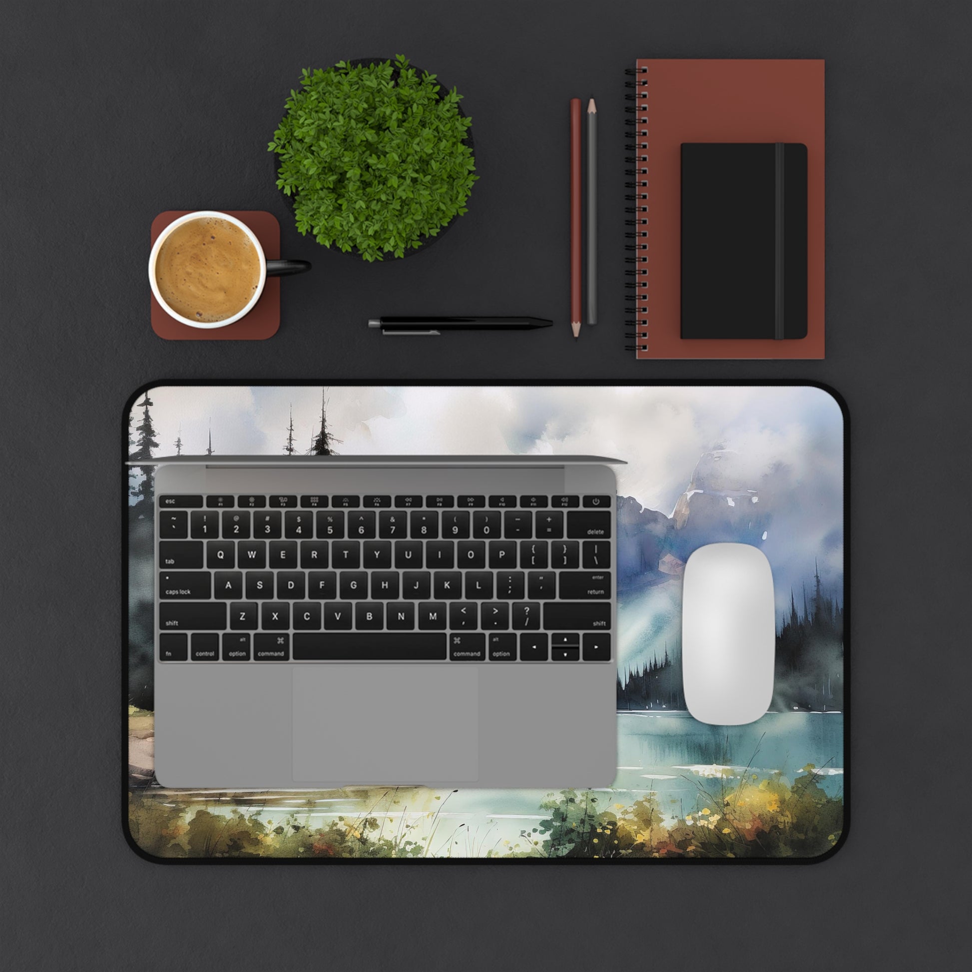 "Serene wilderness lake desk mat for nature-inspired workspace productivity"