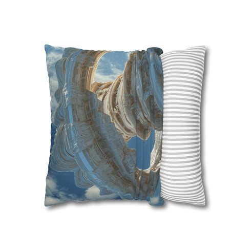 Sky Temple Rotating in Zero Gravity — 40×40 Cushion Cover — Sofa & Living Room Lifestyle View