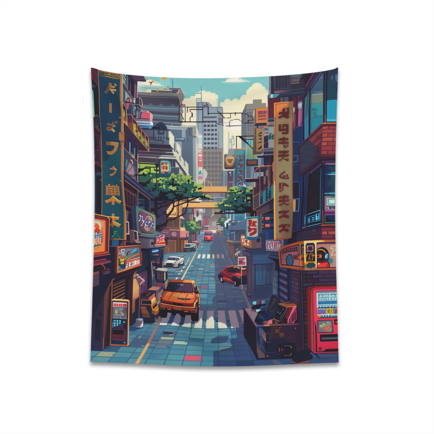 "Retro Gamer Pixel Art Tapestry: Nostalgic 8-bit design, perfect for all seasons - Great gift idea - Available in 2 sizes - Shop now!"