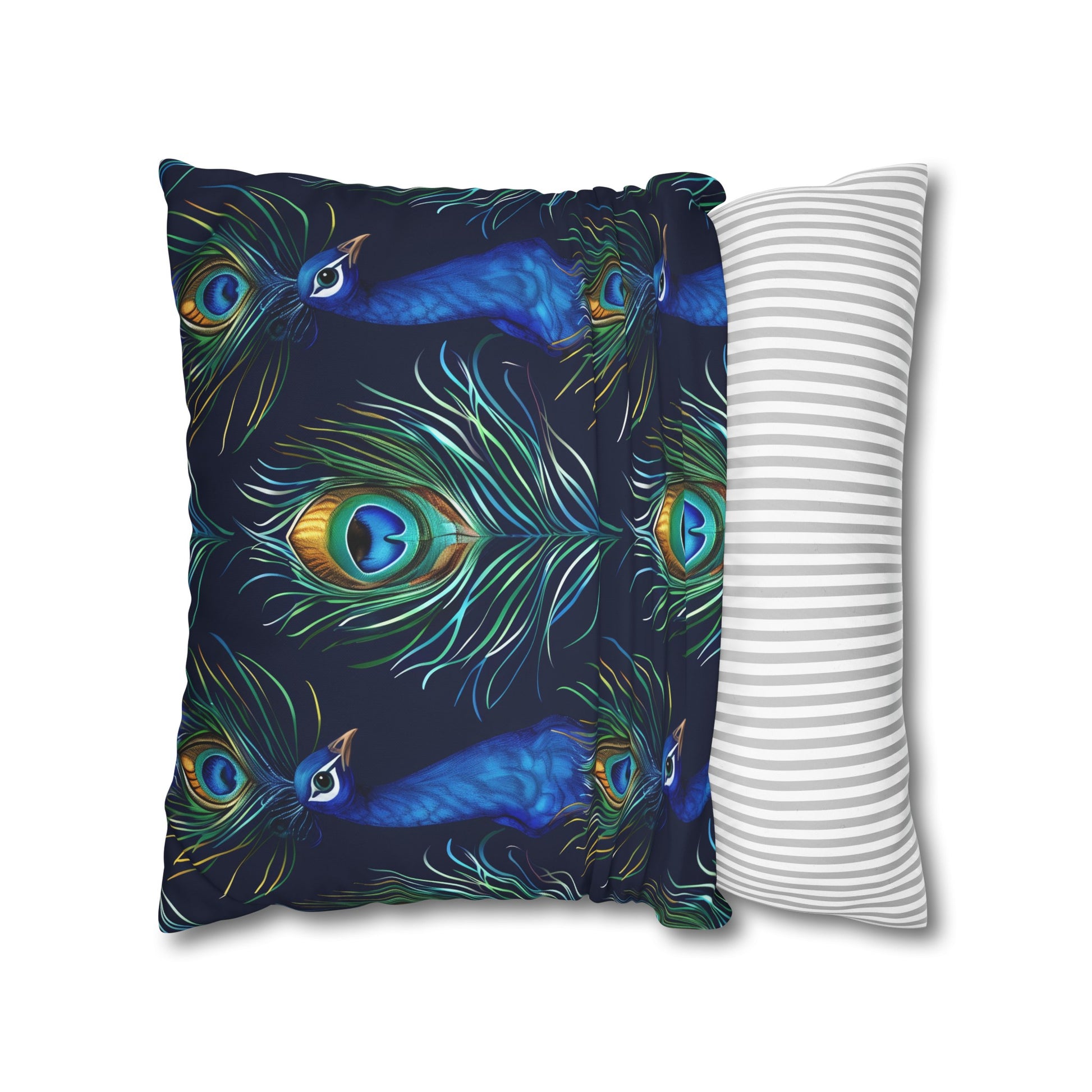 "Vibrant blue peacock feathers pillowcase, soft and stylish decor addition"