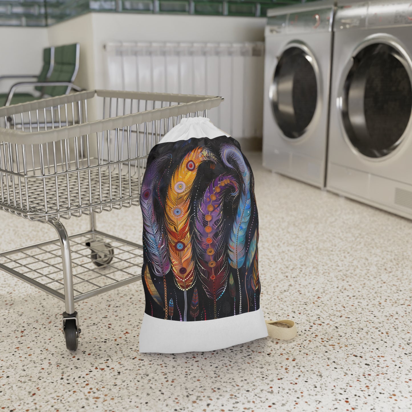 Bohemian Feather Laundry Bag - Stylish laundry bag with feather design for whimsical chores.