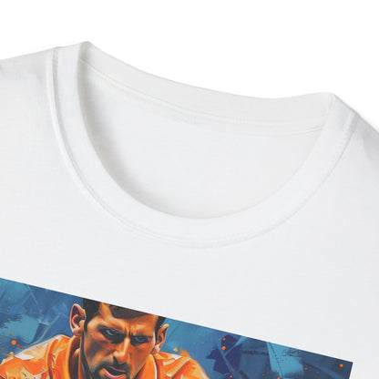 Alt text: "Ace of the Court: Djokovic Painting T-shirt showcasing the unrivaled mastery and determination of the legendary tennis player in vibrant colors and soft brushstrokes"