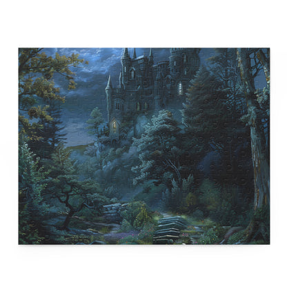 Moonlit Forest Fantasy Castle Jigsaw Puzzle - Enchanting night scene with castle in magical forest