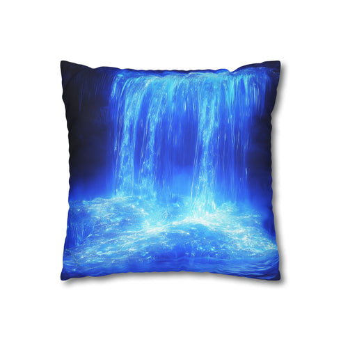 Frozen Waterfall Glowing with Blue Fire — 40×40 Cushion Cover — Double-Sided Back & Concealed Zip Detail