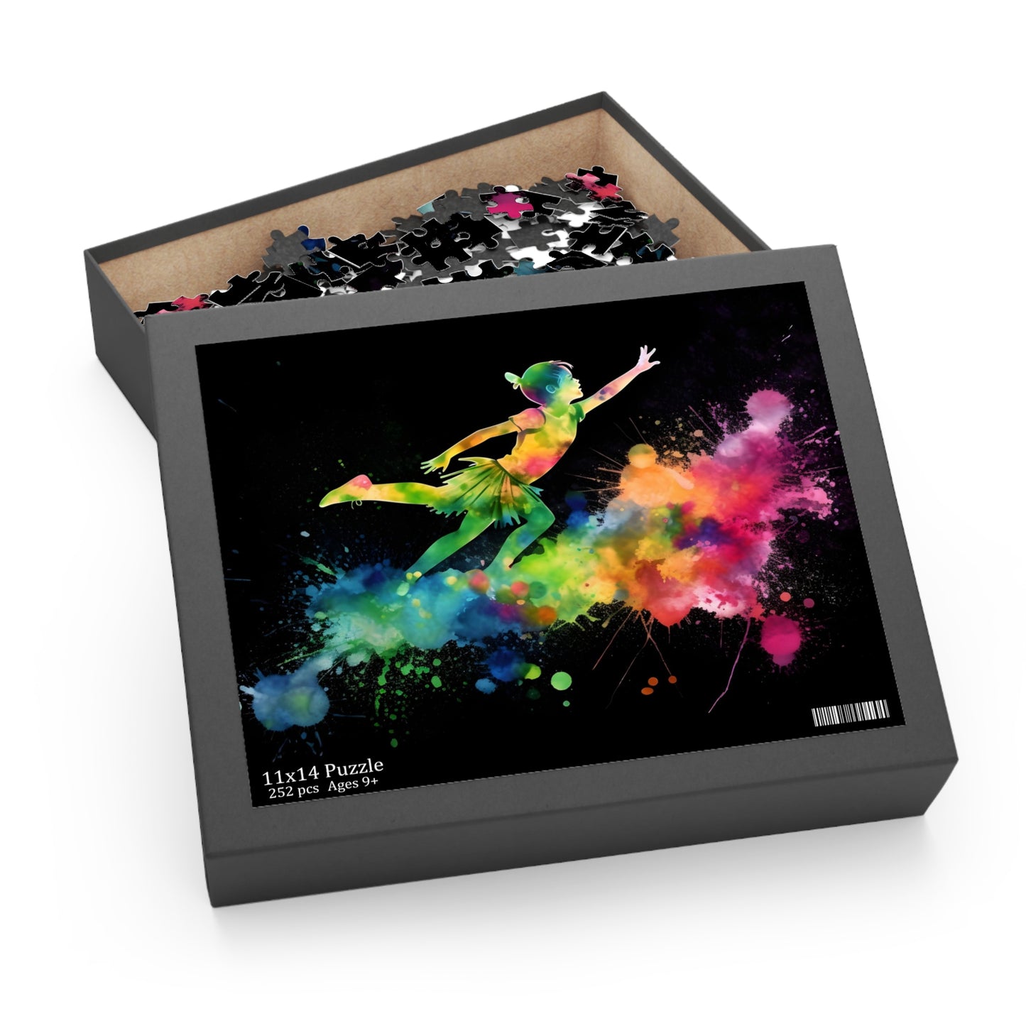 "Peter Pan Watercolor Neon Puzzle - Vibrant jigsaw with neon colors, brings beloved characters to life in new way"