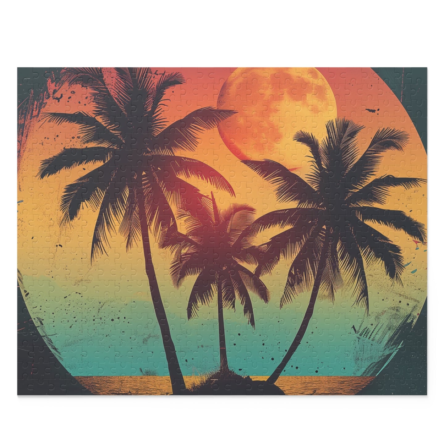 Tropical Twilight Jigsaw Puzzle - Retro sunset scene with palm trees for relaxation and nostalgia in your home