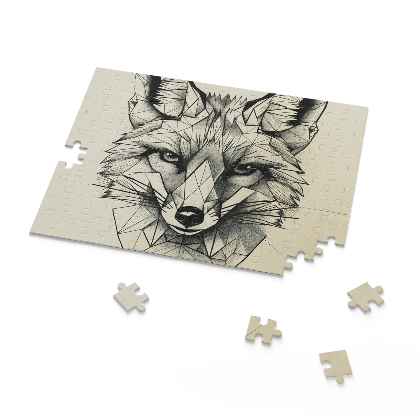 "Geometric Fox jigsaw puzzle with angular lines and vibrant colors"