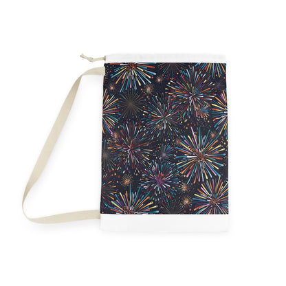 "Colorful festive fireworks laundry bag for a fun laundry routine"