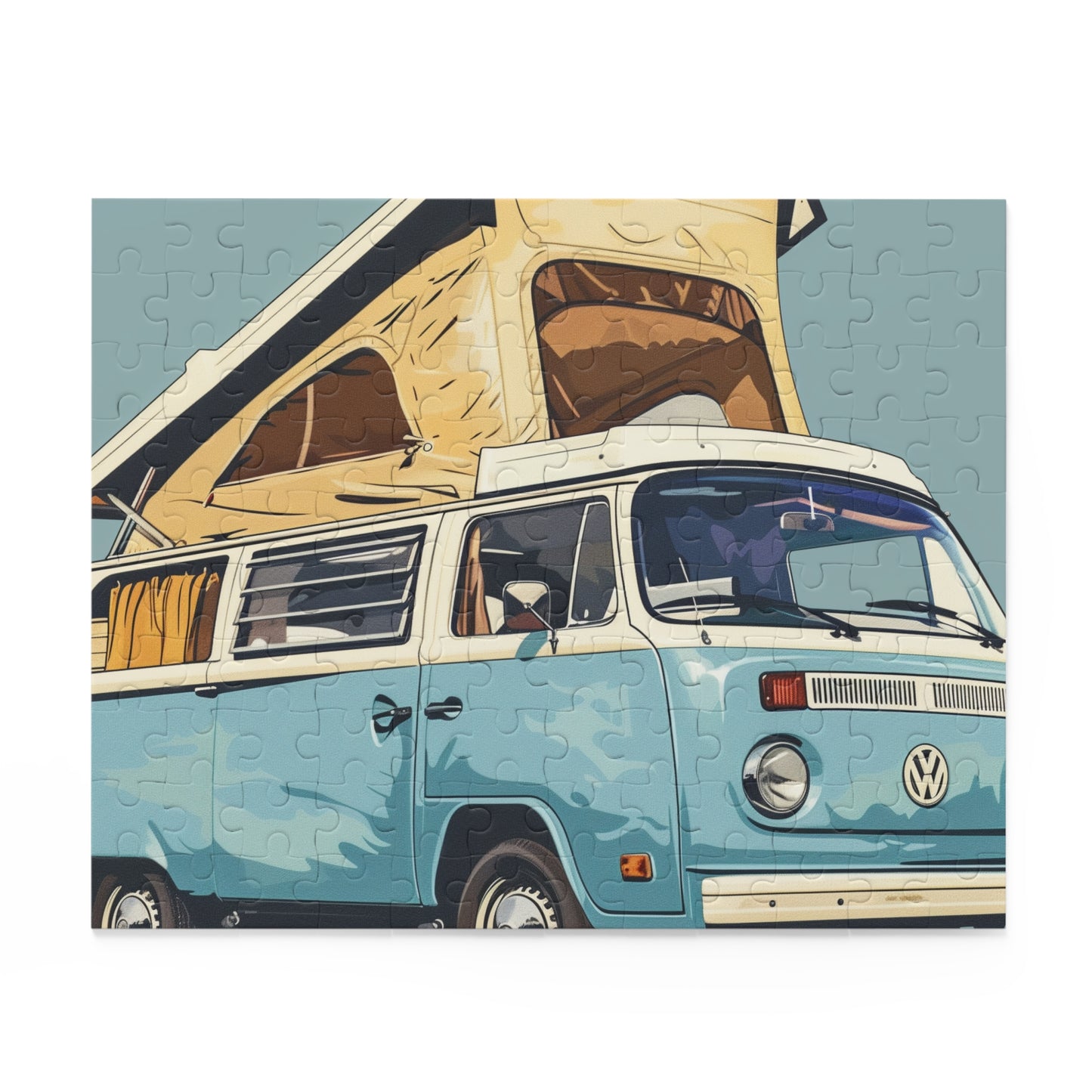 "Charming Light Blue Camper Van Jigsaw Puzzle - Nostalgic and Adventurous Fun!"