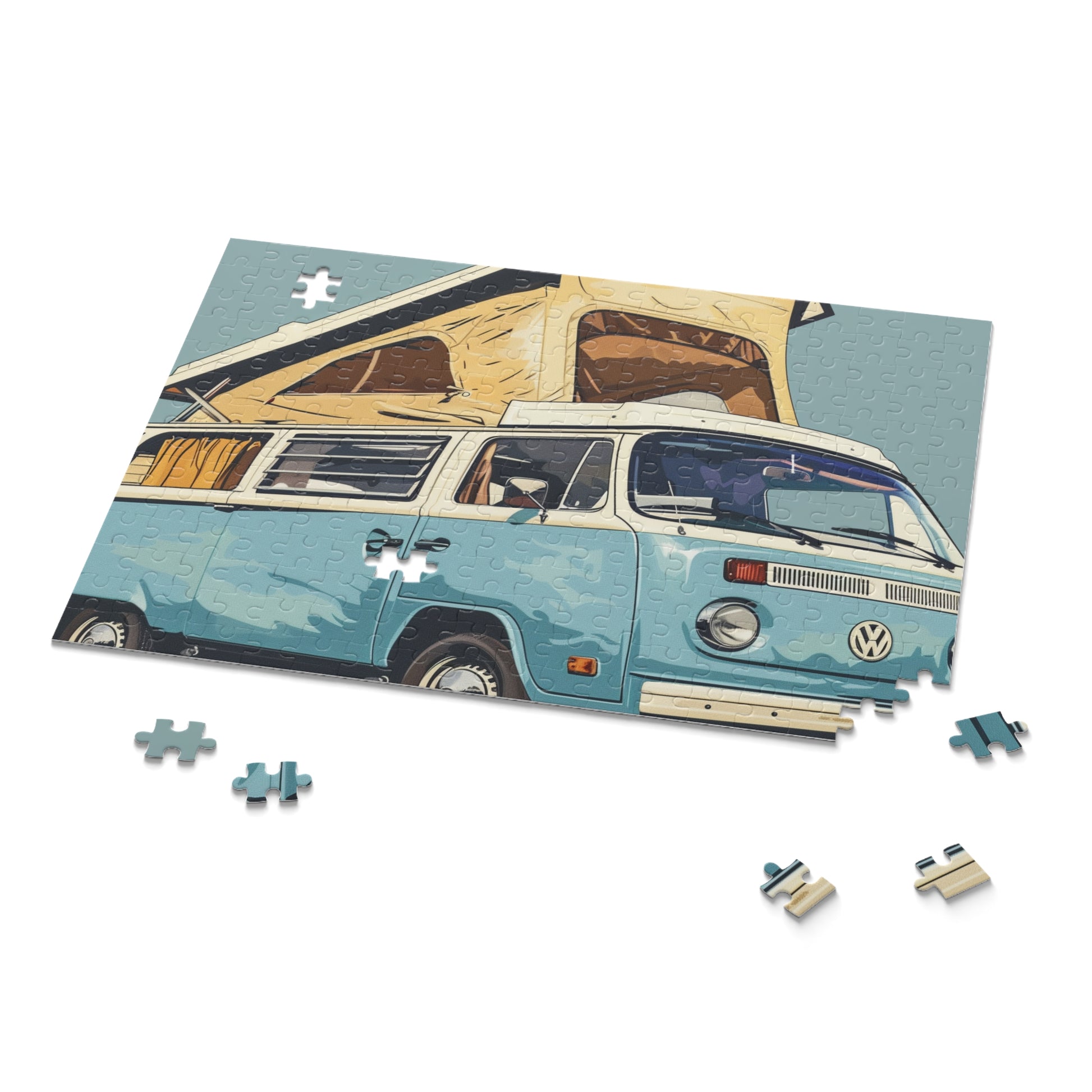 "Charming light blue camper van jigsaw puzzle, perfect for nostalgic adventure lovers"