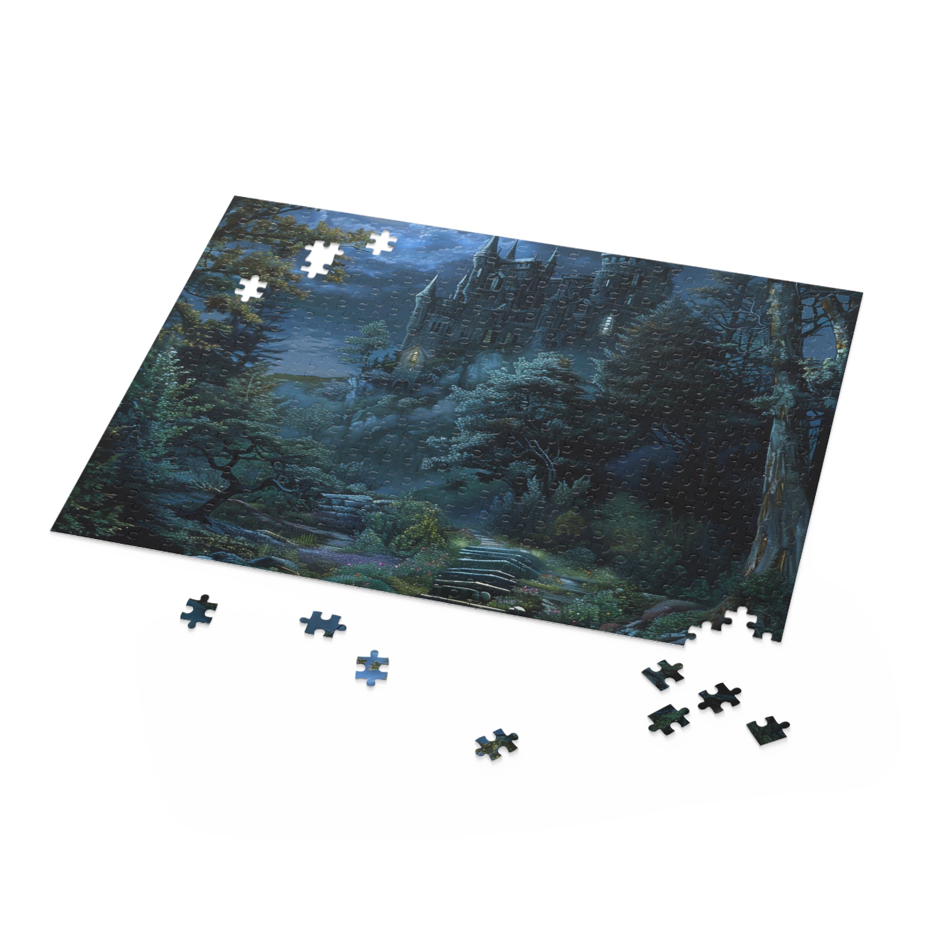 "Enchanting Moonlit Forest Fantasy Castle jigsaw puzzle for magical escapes"