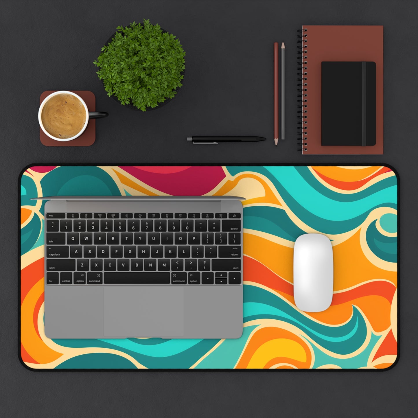 "Vibrant Retro Waves Desk Mat - Add Style to Your Workspace with Seamless Pattern in Colorful Palette"