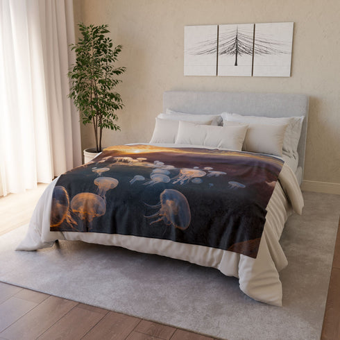 Sunset Canyon with Floating Bioluminescent Jellyfish — Plush Fleece Throw Blanket — Product Detail View 9