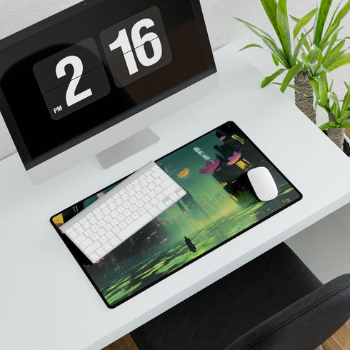 Floating Zen Garden Above Neon City — XL & XXL Desk Mat — Product Detail View 7