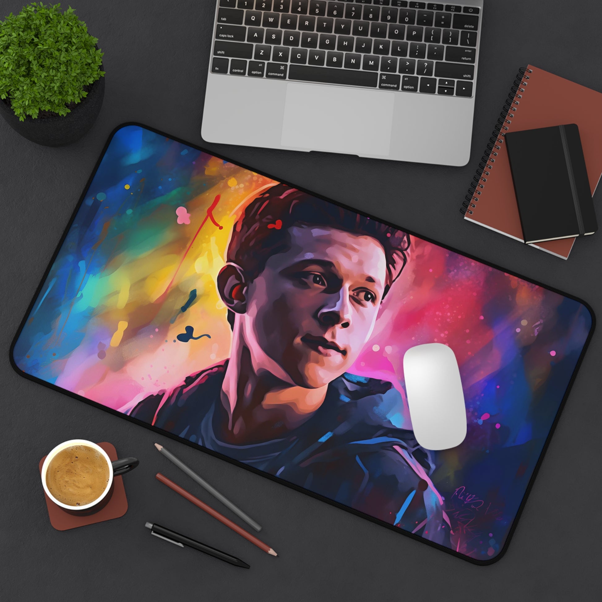 "Tom Holland watercolor neon desk mat, vibrant and durable desk protector in neon colors"