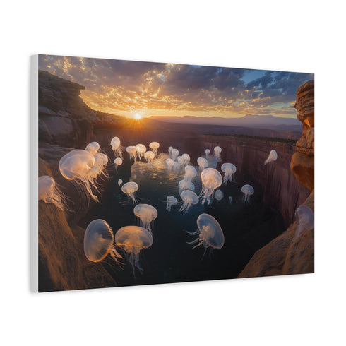 Sunset Canyon with Floating Bioluminescent Jellyfish — Canvas Wall Art — Side Profile & Stretched Corner Detail