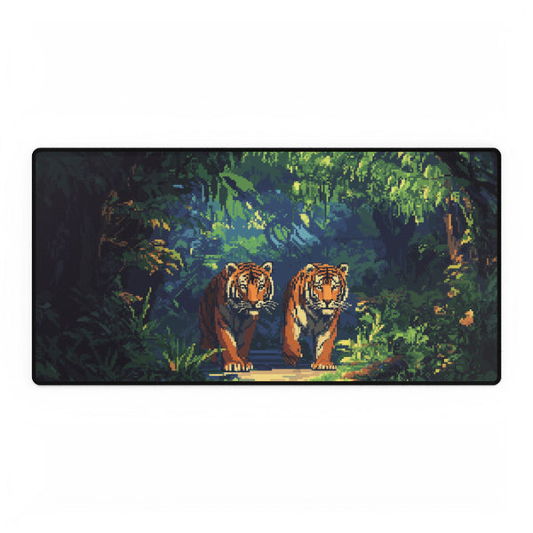Digital Jungle with Pixelated Tigers — XL & XXL Desk Mat — Full Top-Down Artwork View