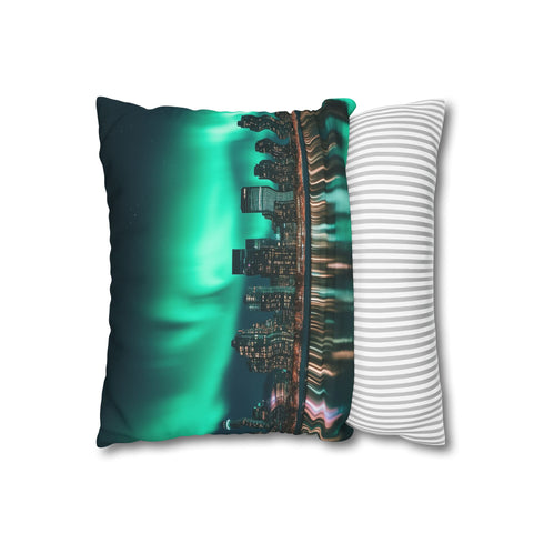 City Skyline with Aurora Behind — 40×40 Cushion Cover — Soft Brushed Fabric Texture Close-Up