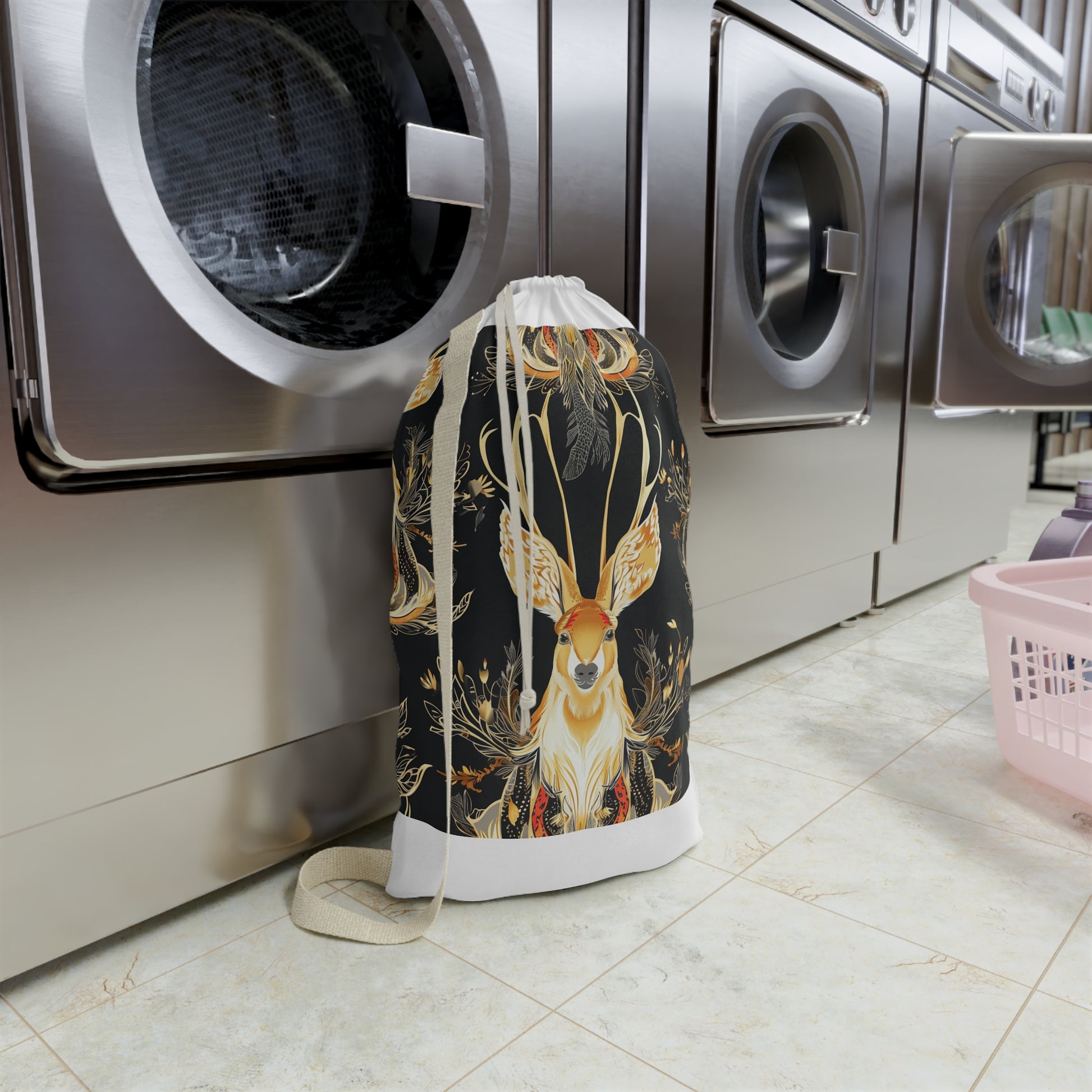 "Jackalope Fantasy Laundry Bag - Stylish and spacious laundry bag with mythical jackalope pattern design, perfect for transporting laundry in style"