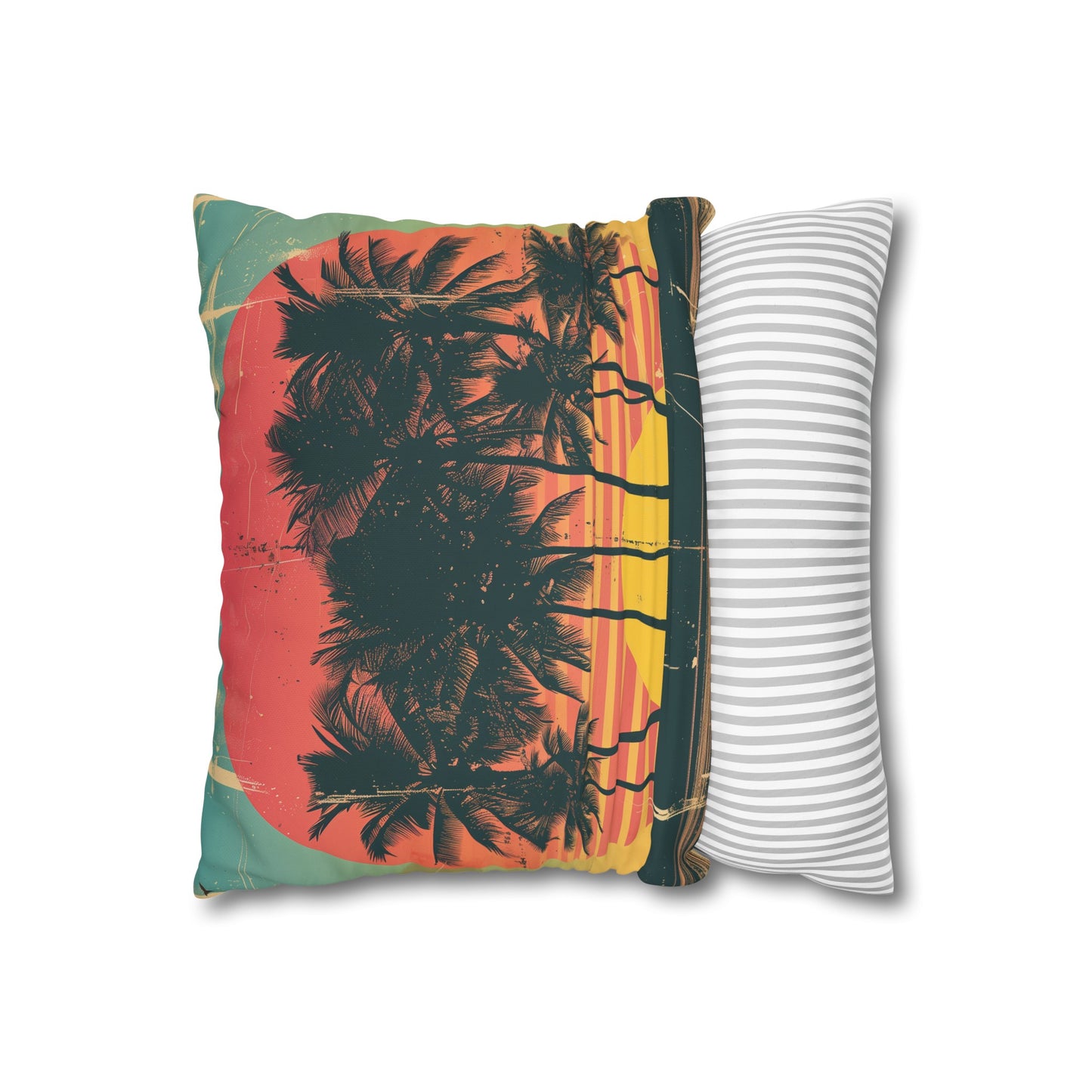 "Golden Hour Palms Pillowcase - Retro design with palm trees and sunset, high-quality, stylish, perfect for all seasons. Makes a great gift."